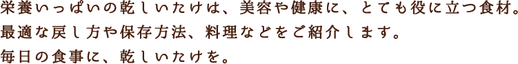 栄養いっぱいの乾しいたけは、美容や健康に、とても役に立つ食材。最適な戻し方や保存方法。料理等をご紹介します。毎日の食事に、乾しいたけを。