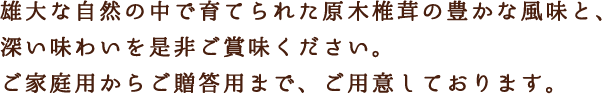 雄大な自然の中で育てられた原木椎茸の豊かな風味と、深い味わいを是非ご賞味下さい。ご家庭用からご贈答用まで、ご用意しております。